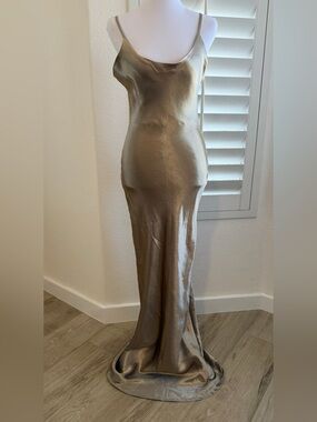 Bella Barnett Metallic Gold Open-Back Cowl Neck Maxi Dress